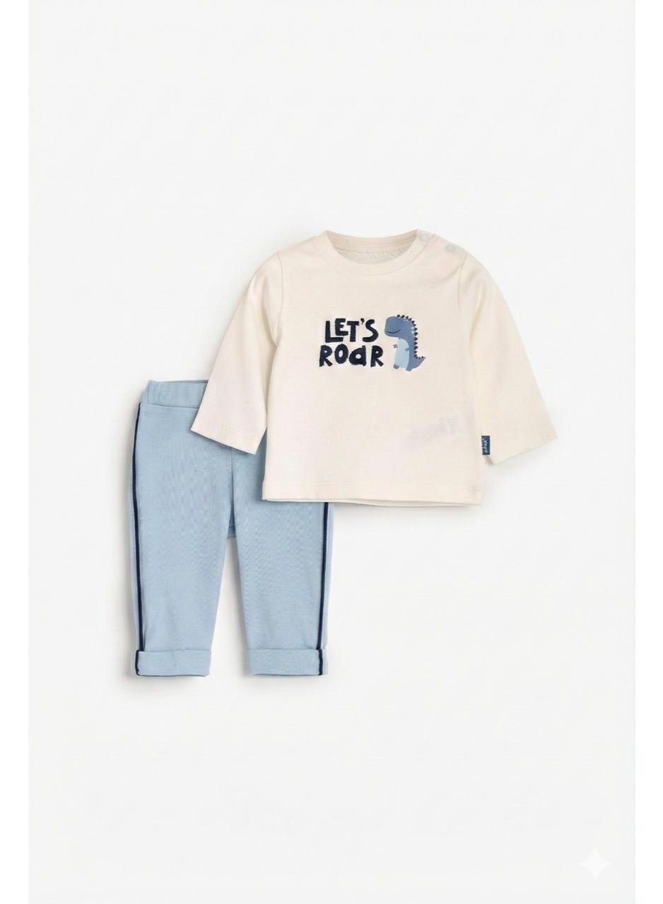 Junior Let's Roar Dinosaur Toddler Outfit Set, Cream Top with Light Blue Trousers, 100% Cotton, Long Sleeve, Unisex Baby, 2 Pieces code 2063